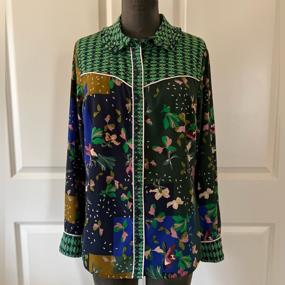 CAbi Navy Green Mixed Print Button Down Blouse Long Sleeve Small